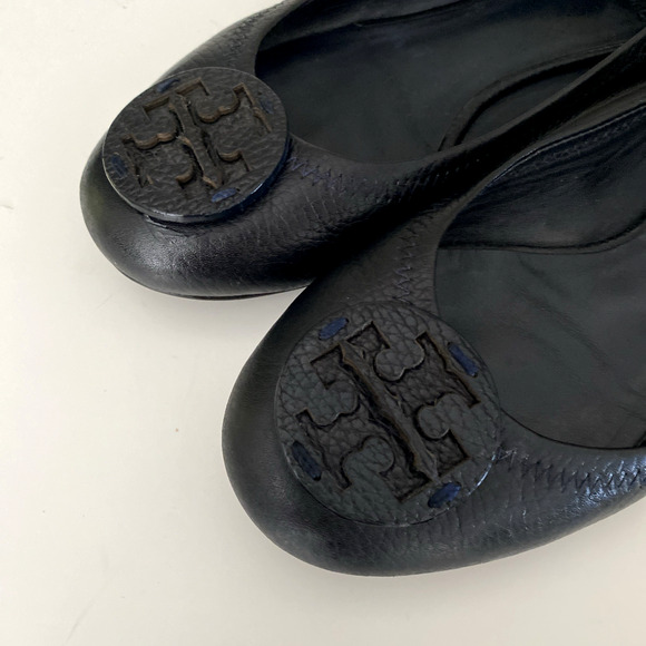 TORY BURCH Classic Minnie Ballet Flat Black Leather Logo Slip On Round Toe 7.5 - Picture 7 of 10
